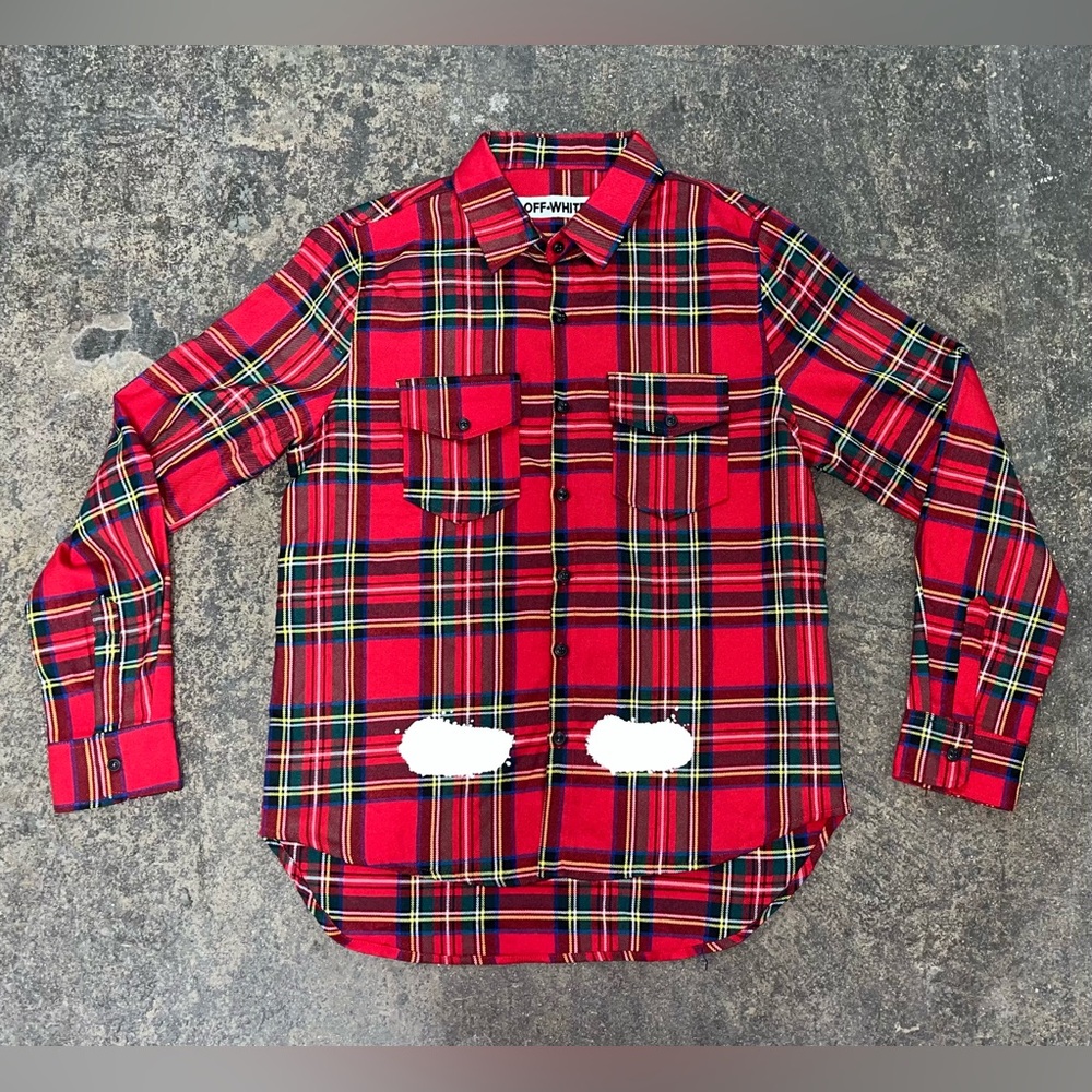 Off-White Red Tartan Plaid Button-Down Shirt with White Graphic Back - Picture 2 of 15